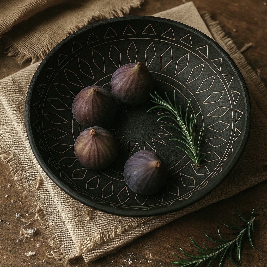 Czarna misa kamionkowa z promienistym wzorem – aranżacja z figami